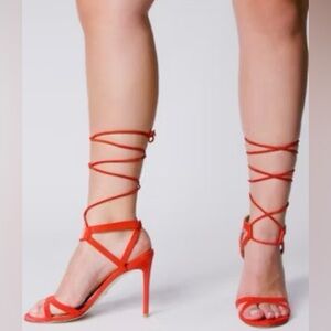 Stuart Weizman Sz 6 Soiree 100 Red Leather Lace Up High Heels Sandals